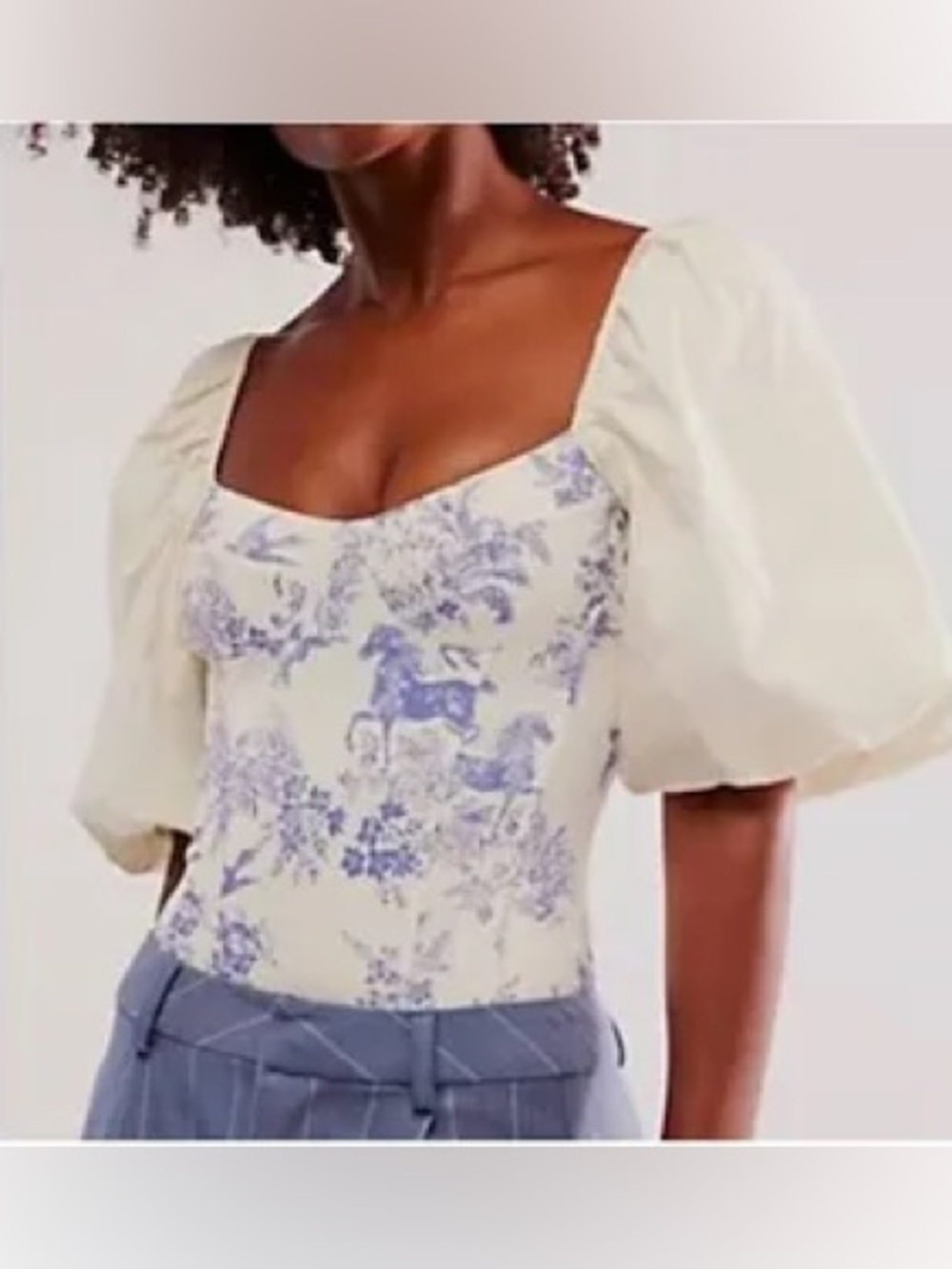 Free People Intimately Square-Neck Puff-Sleeve Toile Camisole in White/Blue